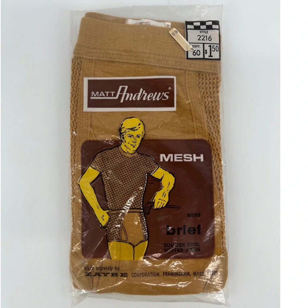 Rare 70s Matt Andrews Mesh Fishnet Men's Briefs Small Tan Deadstock Zayre NOS